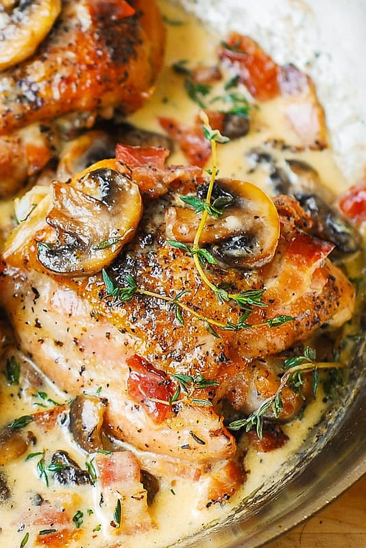 Chicken Thigh Keto Recipe
 Chicken Thighs with Creamy Bacon Mushroom Thyme Sauce