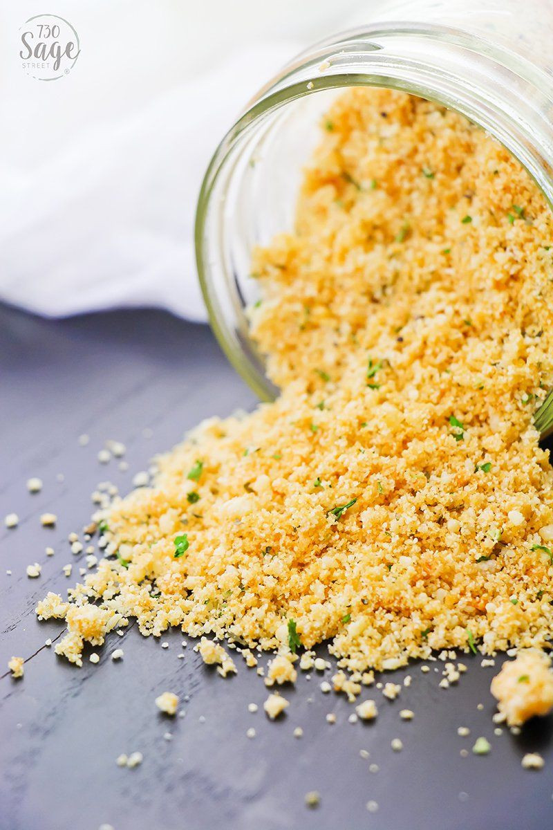 Keto Bread Crumbs For Fish low carb breadcrumbs spilling on a grey background in a