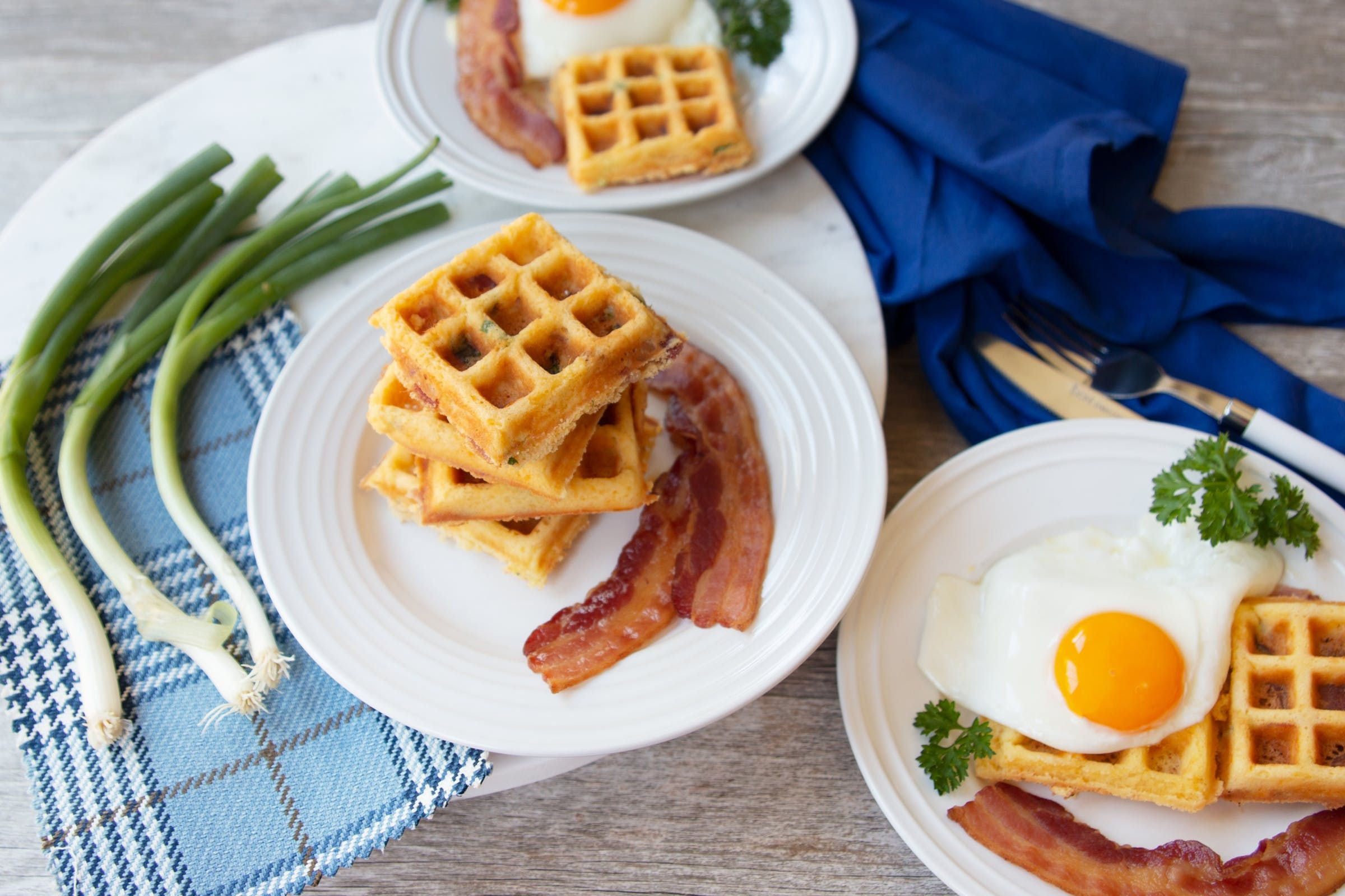 Keto Cornbread Waffles
 Keto bacon cheddar cornbread waffles with egg and bacon