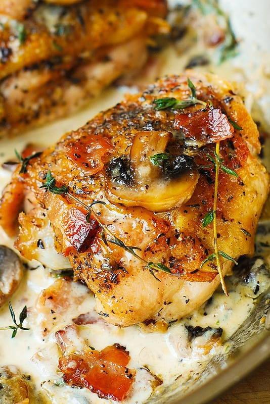 Keto Dinner Recipes Chicken Thighs
 Chicken Thighs with Creamy Bacon Mushroom Thyme Sauce