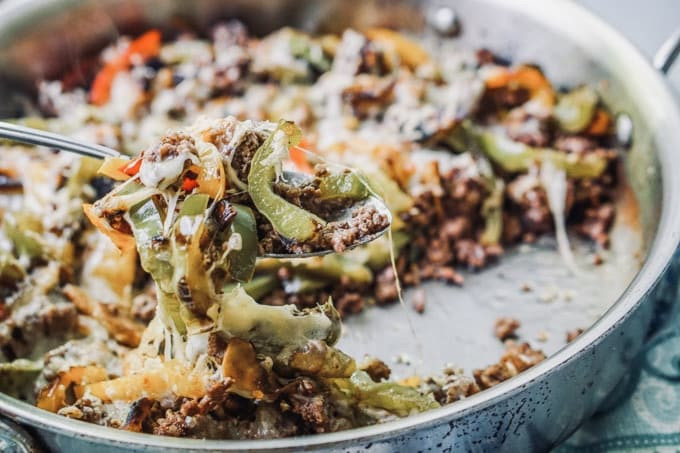 Low Carb Keto Cheesesteak Skillet
 Philly Cheesesteak Skillet [Keto and Low Carb]