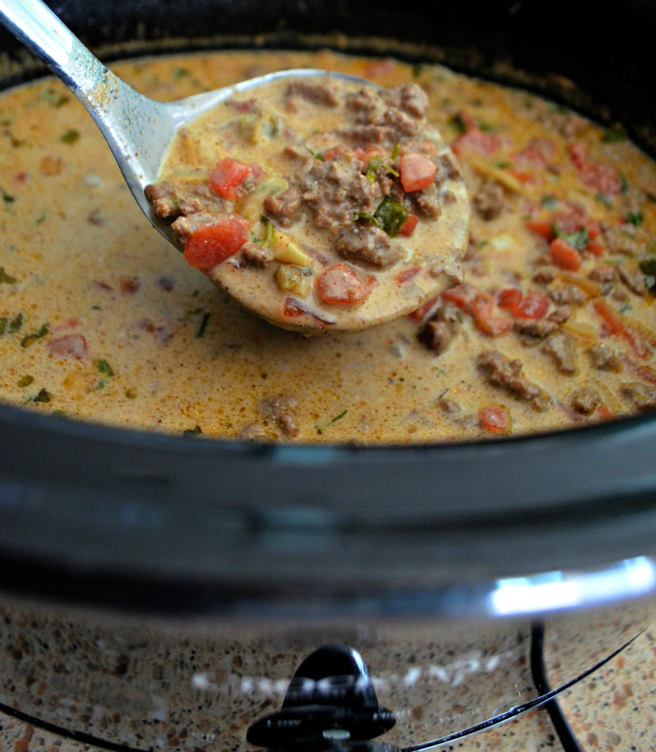 Slow Cooker Keto Taco Soup
 slow cooker keto taco soup in the ladle