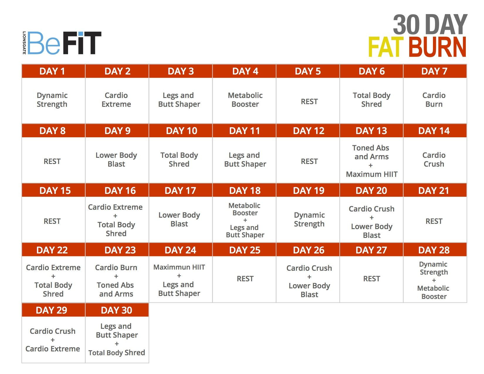 30 Day Fat Burning Workout
 30 day fat burn calendar