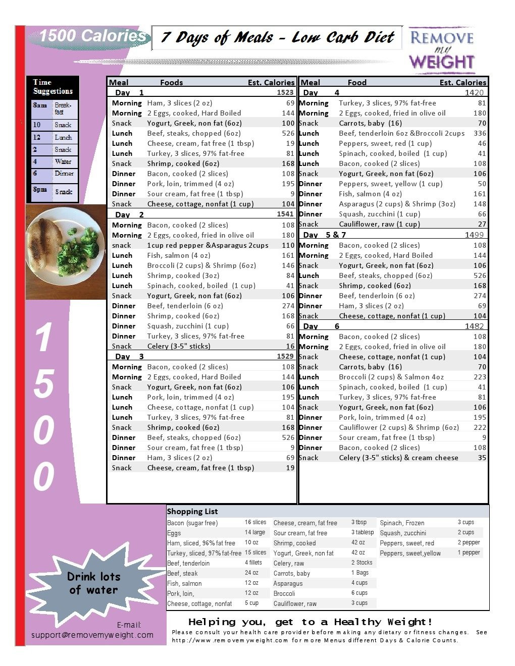 Low Calorie Diet Meal Plan
 Printable Low Carb Diet 1 Week 1500 Calorie Menu Plan