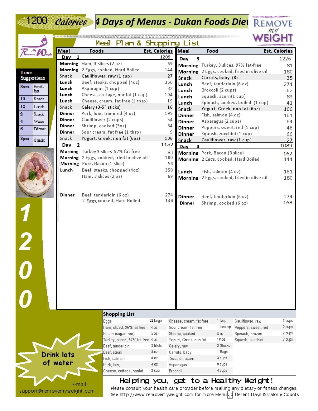 Low Calorie Diet Plan
 Printable 1200 Calorie Dukan Diet for weight loss with