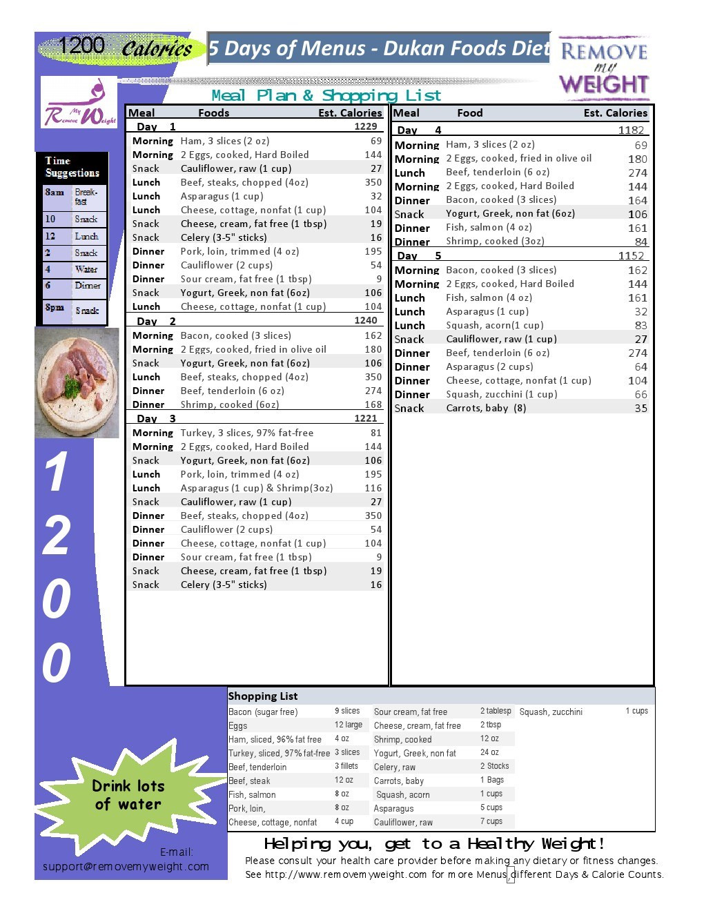 Low Calorie Diet Plan
 Printable 1200 Calorie Dukan Diet for weight loss with